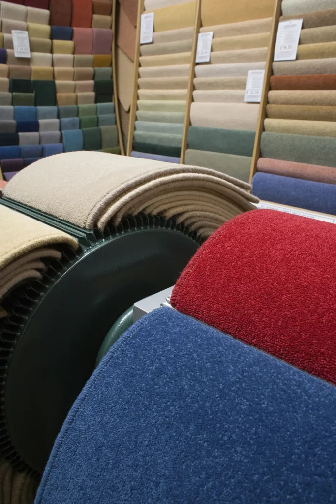 Bright collection of colorful textile samples. Fabric swatches, set in different colors for selection. Variety colors of upholstery material for furniture and interior. Fabric texture background